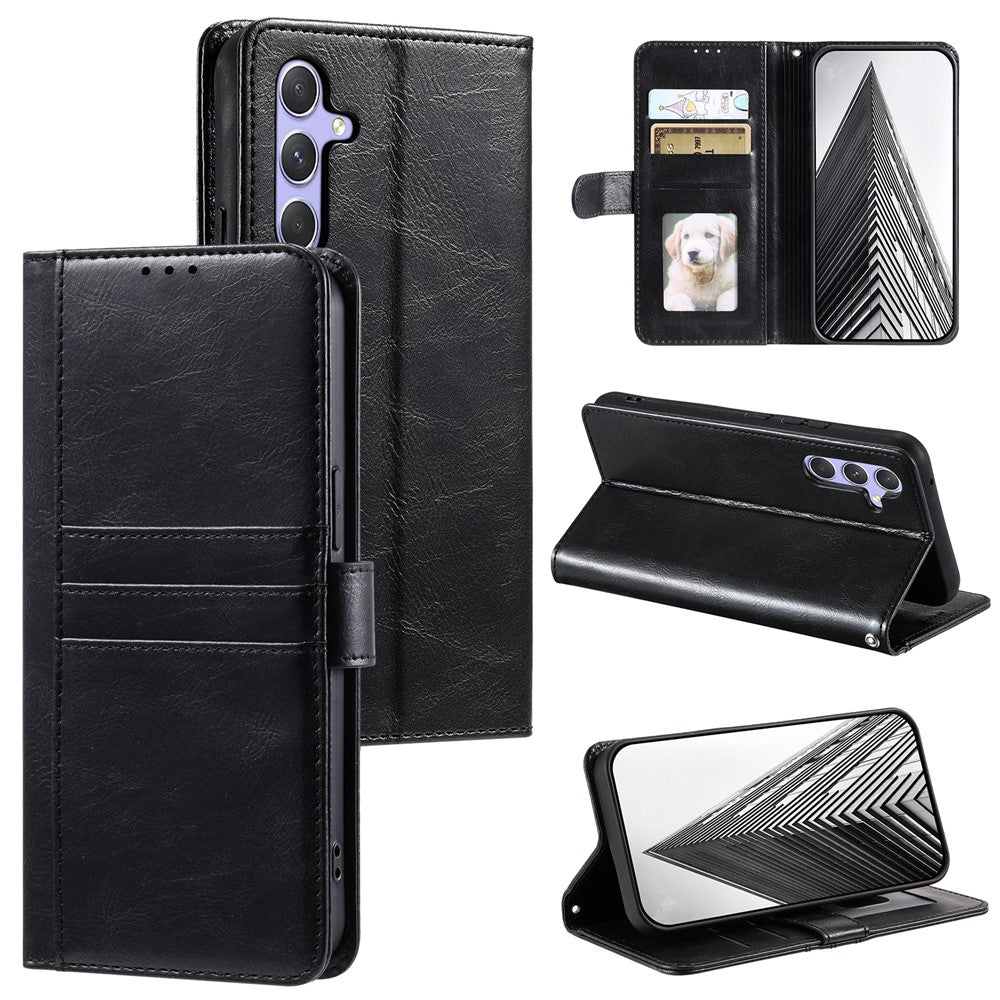For Samsung Galaxy A57 5G Case 6 Card Slots PU Leather Anti-Fall Phone Cover with Wrist Strap - Black