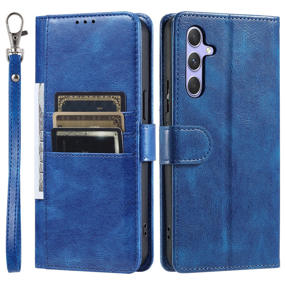 For Samsung Galaxy A57 5G Case 6 Card Slots PU Leather Anti-Fall Phone Cover with Wrist Strap - Blue