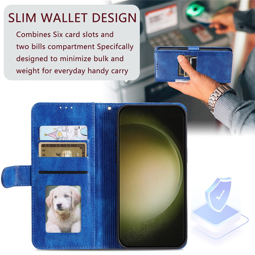 For Samsung Galaxy A57 5G Case 6 Card Slots PU Leather Anti-Fall Phone Cover with Wrist Strap - Blue