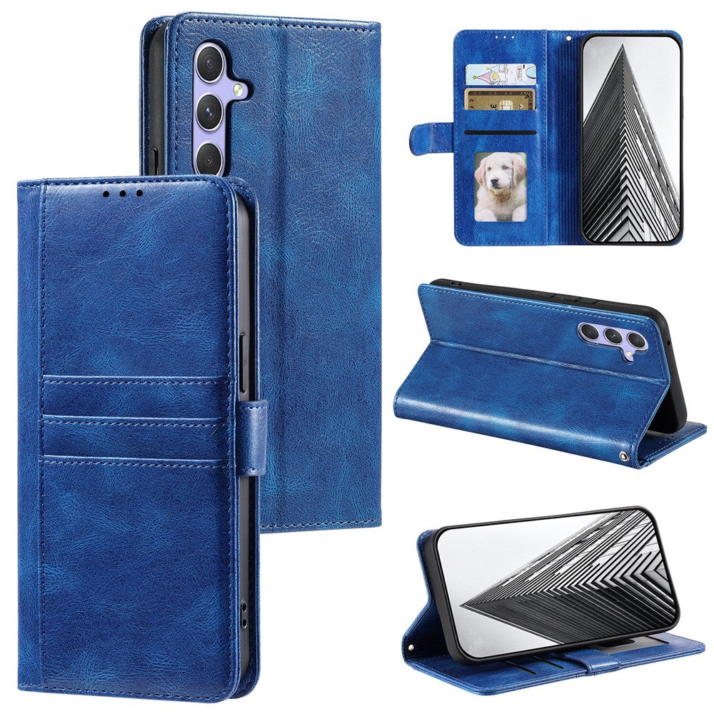 For Samsung Galaxy A57 5G Case 6 Card Slots PU Leather Anti-Fall Phone Cover with Wrist Strap - Blue