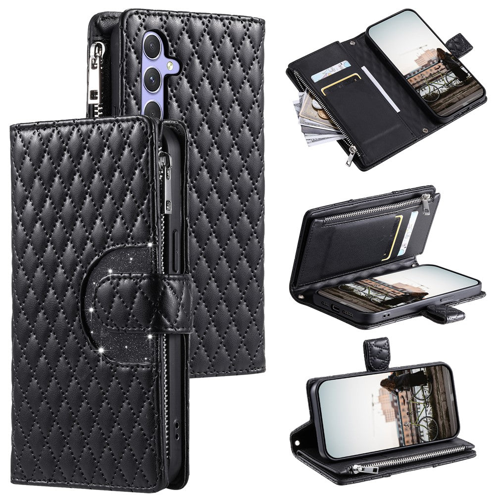 For Samsung Galaxy A57 5G Case Zipper Pocket Glitter Leather Phone Cover with Wrist Strap - Black