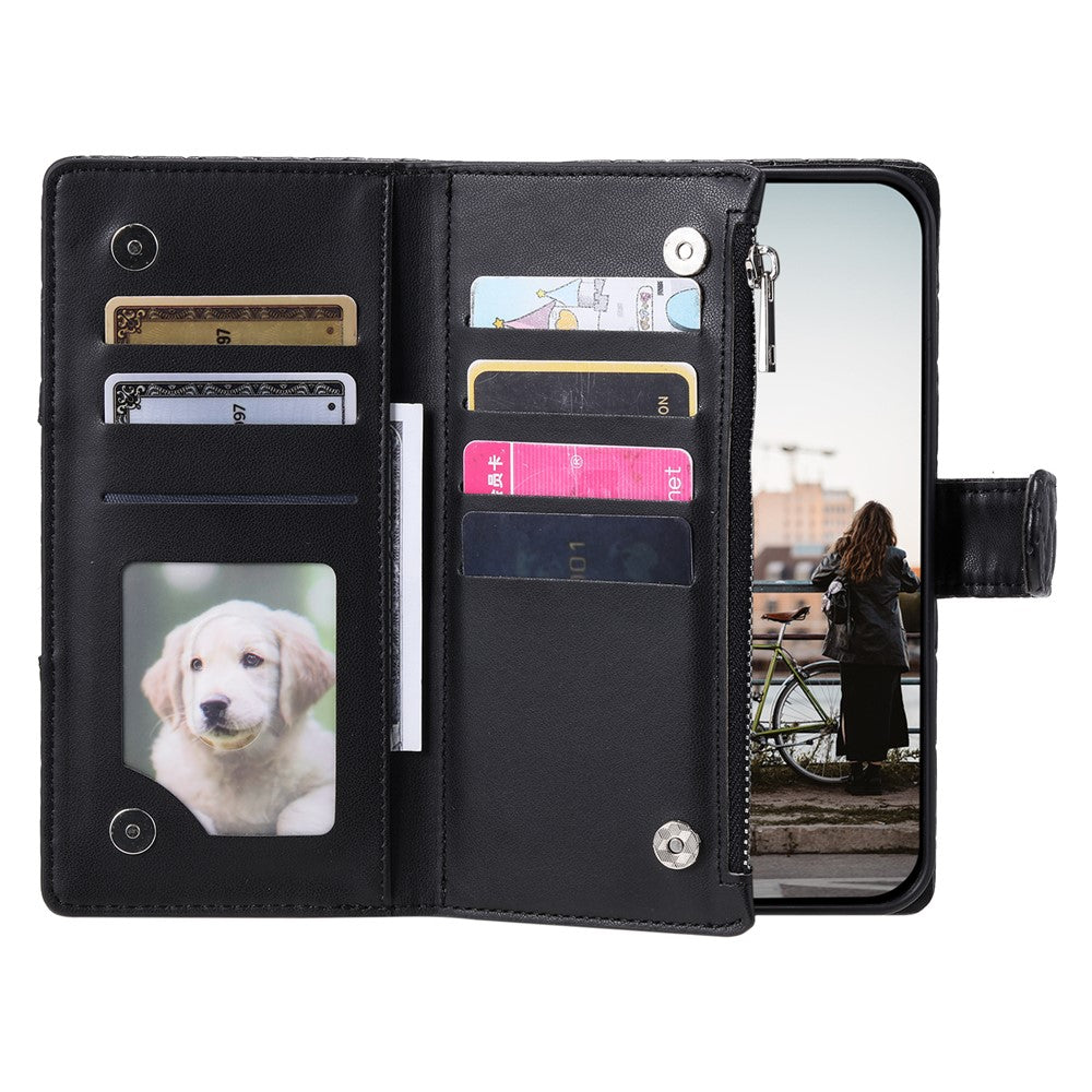 For Samsung Galaxy A57 5G Case Zipper Pocket Glitter Leather Phone Cover with Wrist Strap - Black