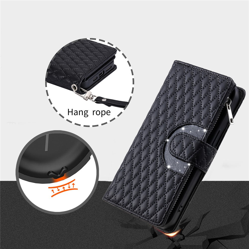 For Samsung Galaxy A57 5G Case Zipper Pocket Glitter Leather Phone Cover with Wrist Strap - Black