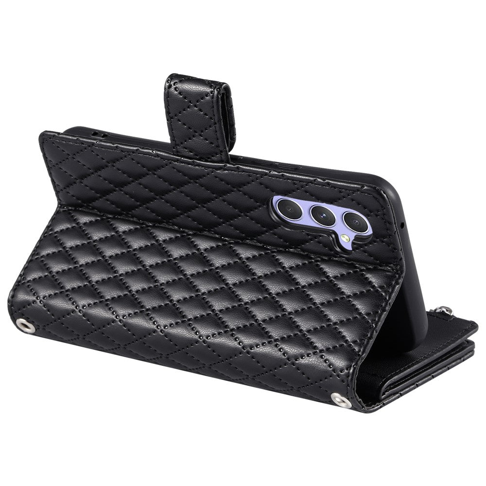 For Samsung Galaxy A57 5G Case Zipper Pocket Glitter Leather Phone Cover with Wrist Strap - Black