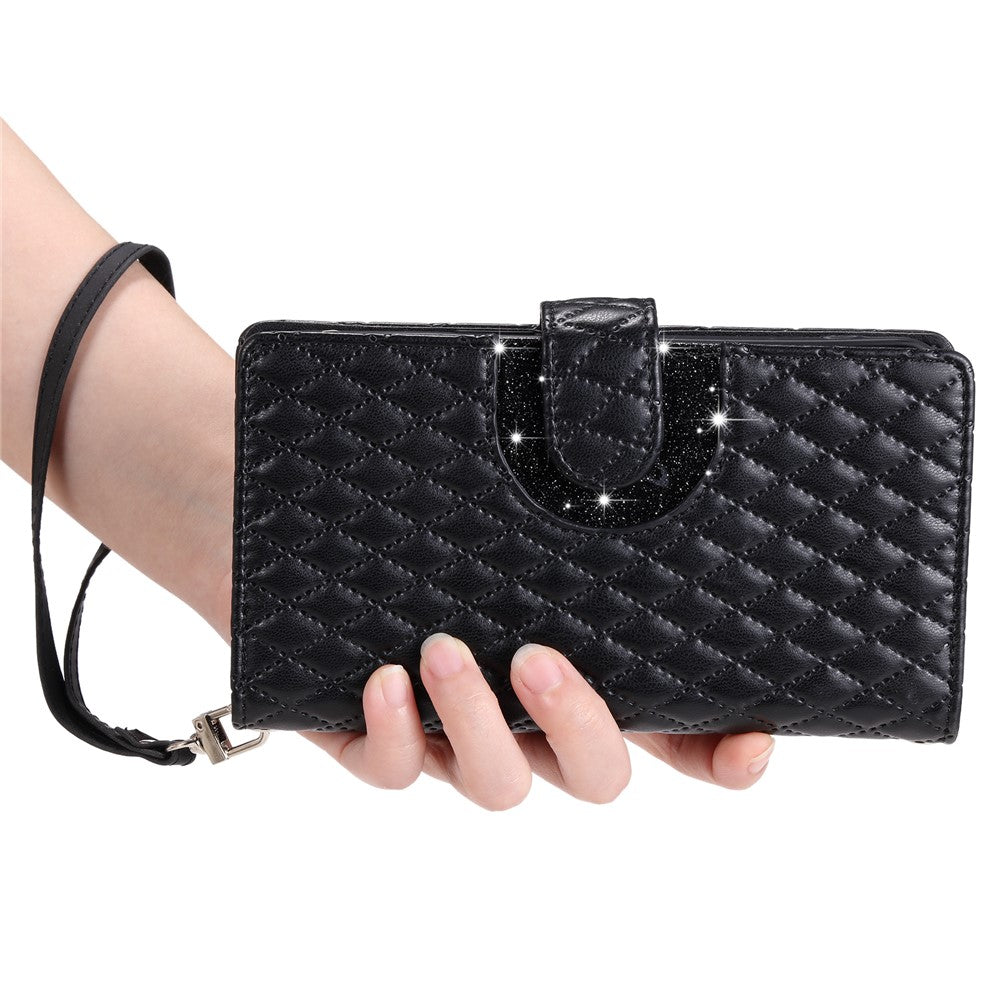 For Samsung Galaxy A57 5G Case Zipper Pocket Glitter Leather Phone Cover with Wrist Strap - Black