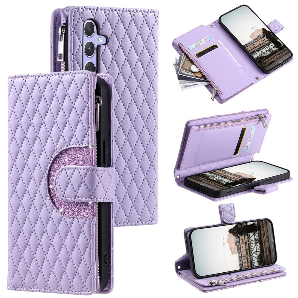 For Samsung Galaxy A57 5G Case Zipper Pocket Glitter Leather Phone Cover with Wrist Strap - Purple