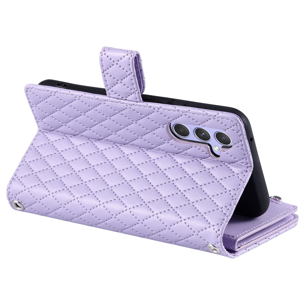 For Samsung Galaxy A57 5G Case Zipper Pocket Glitter Leather Phone Cover with Wrist Strap - Purple