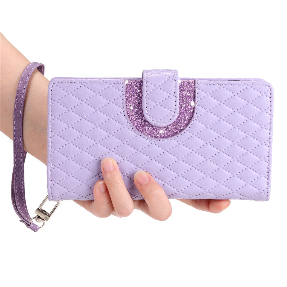 For Samsung Galaxy A57 5G Case Zipper Pocket Glitter Leather Phone Cover with Wrist Strap - Purple