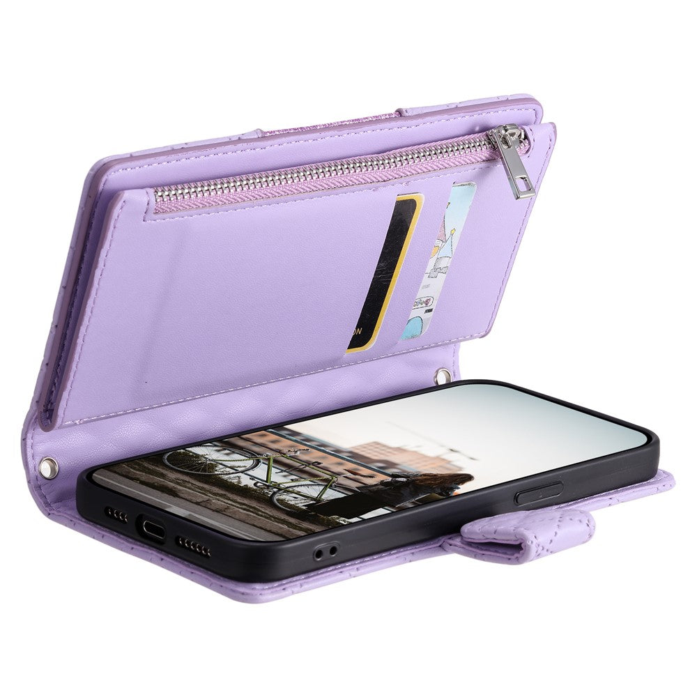 For Samsung Galaxy A57 5G Case Zipper Pocket Glitter Leather Phone Cover with Wrist Strap - Purple
