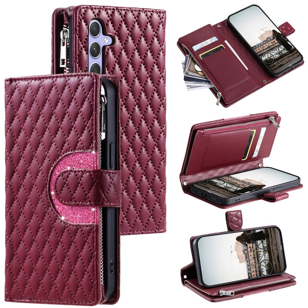For Samsung Galaxy A57 5G Case Zipper Pocket Glitter Leather Phone Cover with Wrist Strap - Wine Red