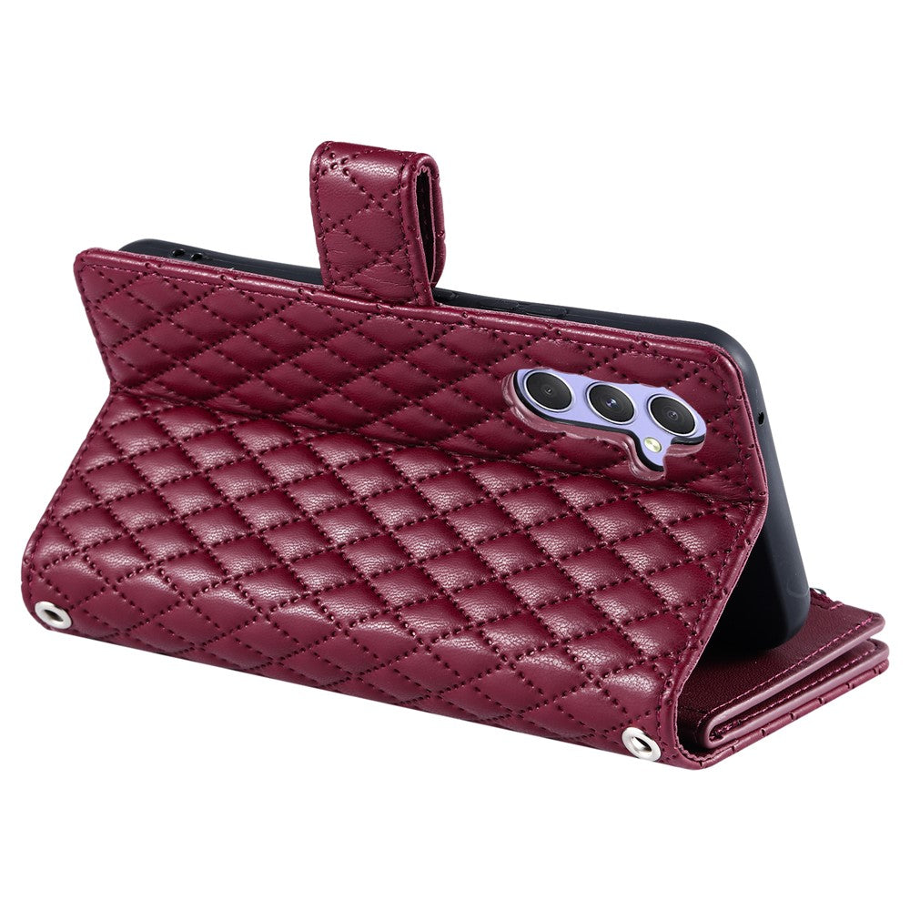 For Samsung Galaxy A57 5G Case Zipper Pocket Glitter Leather Phone Cover with Wrist Strap - Wine Red