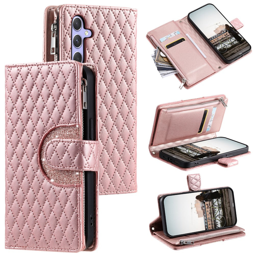For Samsung Galaxy A57 5G Case Zipper Pocket Glitter Leather Phone Cover with Wrist Strap - Rose Gold