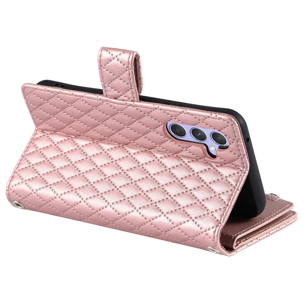 For Samsung Galaxy A57 5G Case Zipper Pocket Glitter Leather Phone Cover with Wrist Strap - Rose Gold