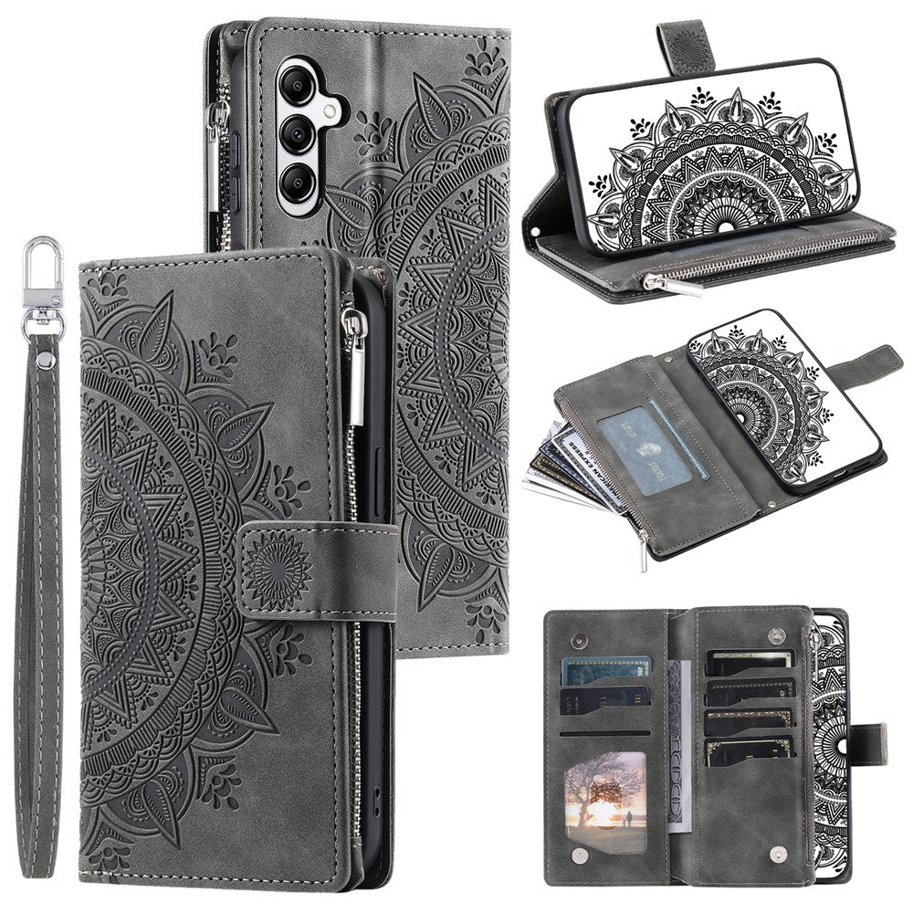 For Samsung Galaxy A57 5G Wallet Case Mandala Flower Pattern PU Leather Phone Cover with Wrist Strap - Grey
