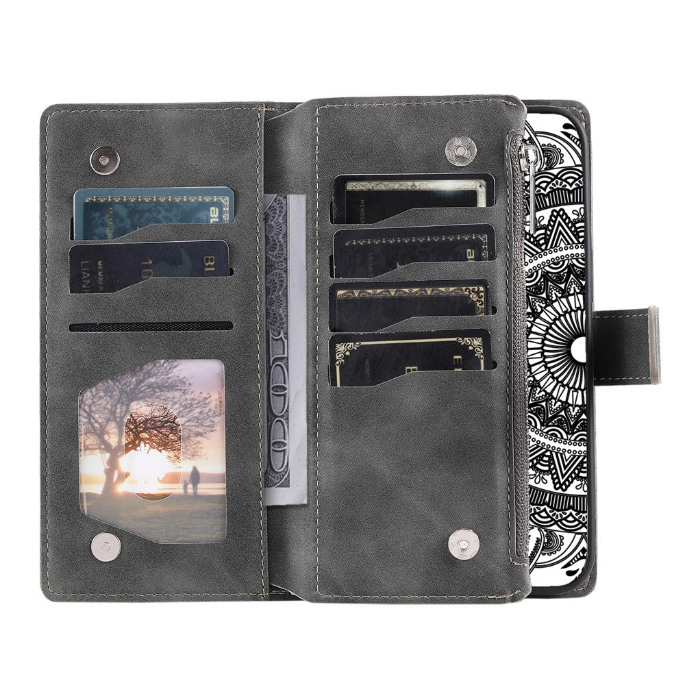 For Samsung Galaxy A57 5G Wallet Case Mandala Flower Pattern PU Leather Phone Cover with Wrist Strap - Grey