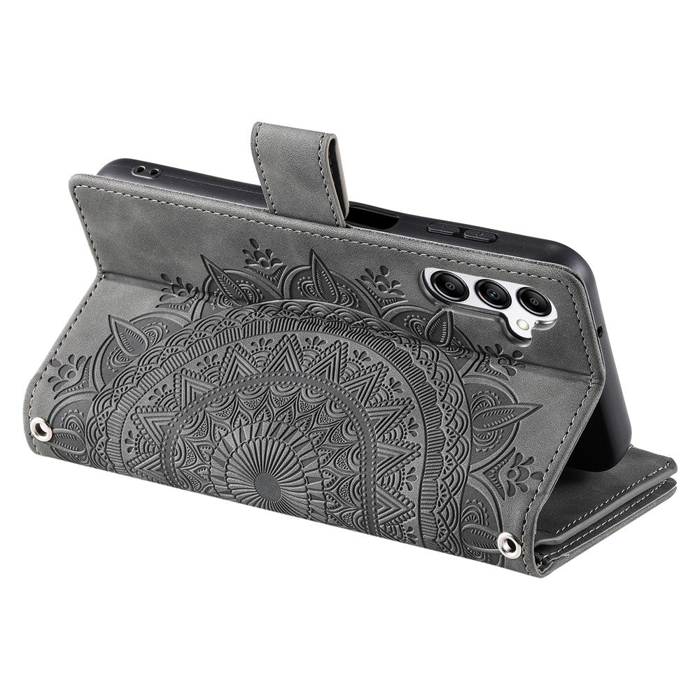 For Samsung Galaxy A57 5G Wallet Case Mandala Flower Pattern PU Leather Phone Cover with Wrist Strap - Grey