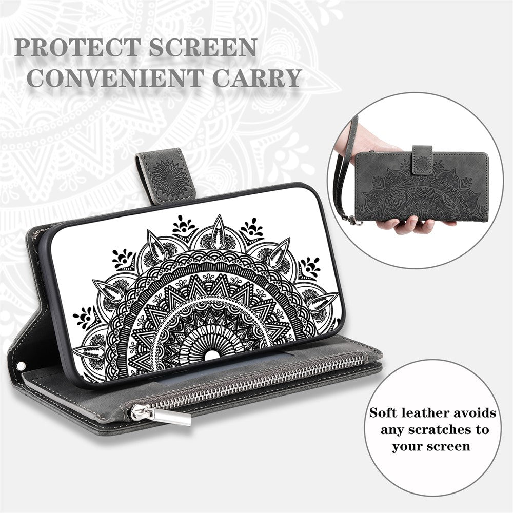 For Samsung Galaxy A57 5G Wallet Case Mandala Flower Pattern PU Leather Phone Cover with Wrist Strap - Grey