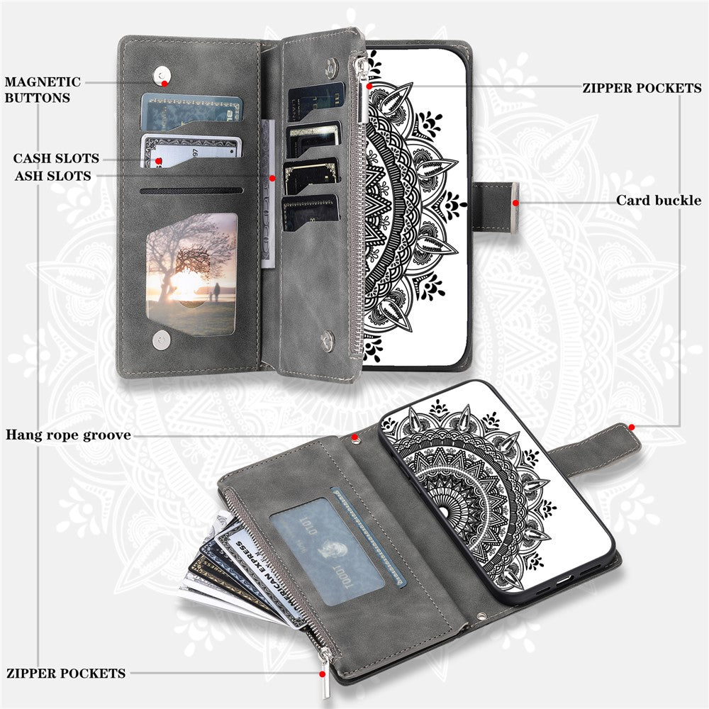 For Samsung Galaxy A57 5G Wallet Case Mandala Flower Pattern PU Leather Phone Cover with Wrist Strap - Grey
