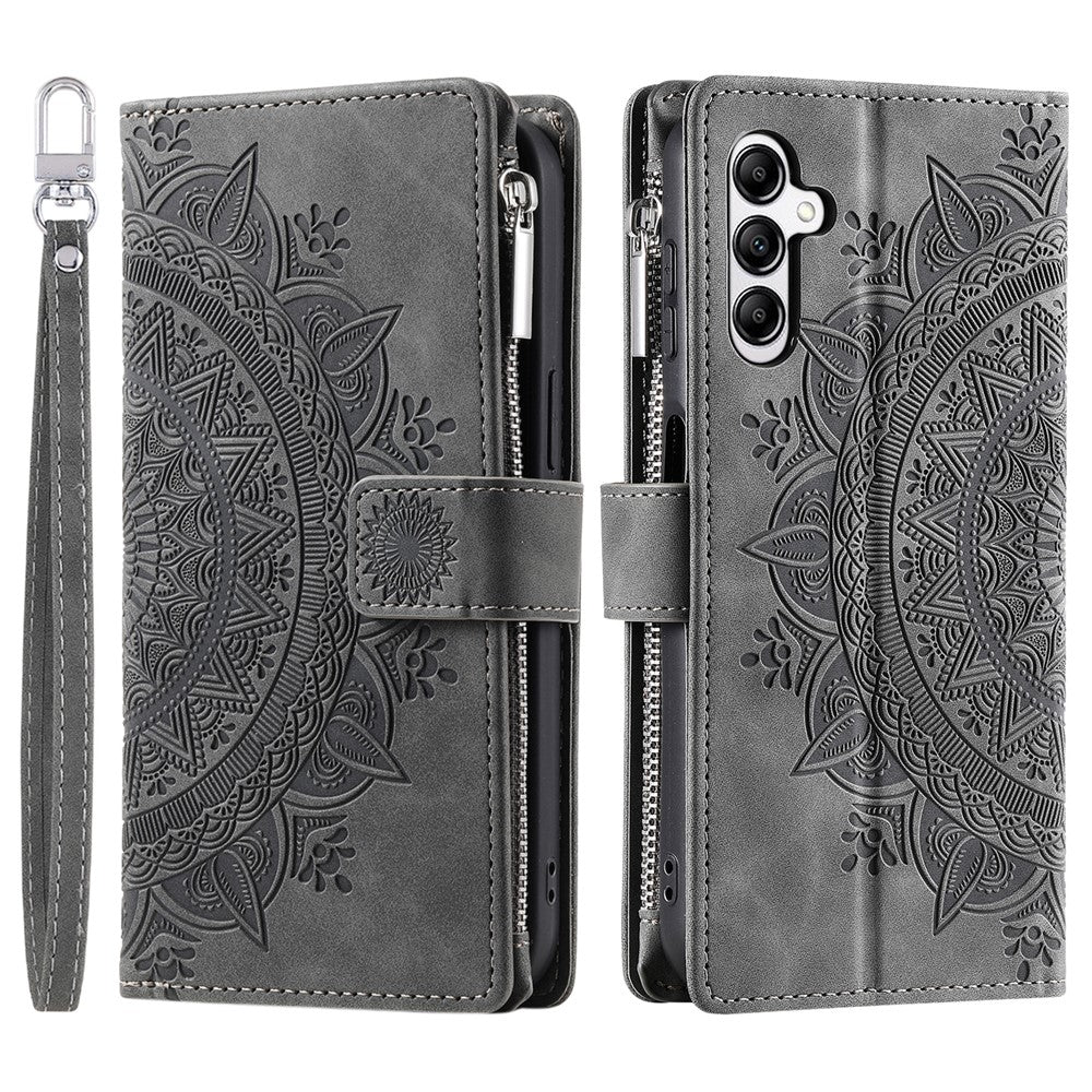 For Samsung Galaxy A57 5G Wallet Case Mandala Flower Pattern PU Leather Phone Cover with Wrist Strap - Grey