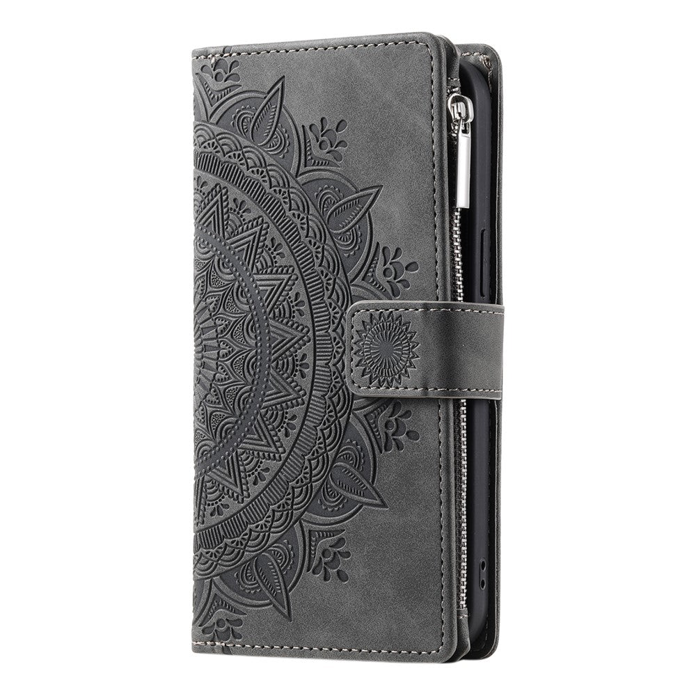 For Samsung Galaxy A57 5G Wallet Case Mandala Flower Pattern PU Leather Phone Cover with Wrist Strap - Grey