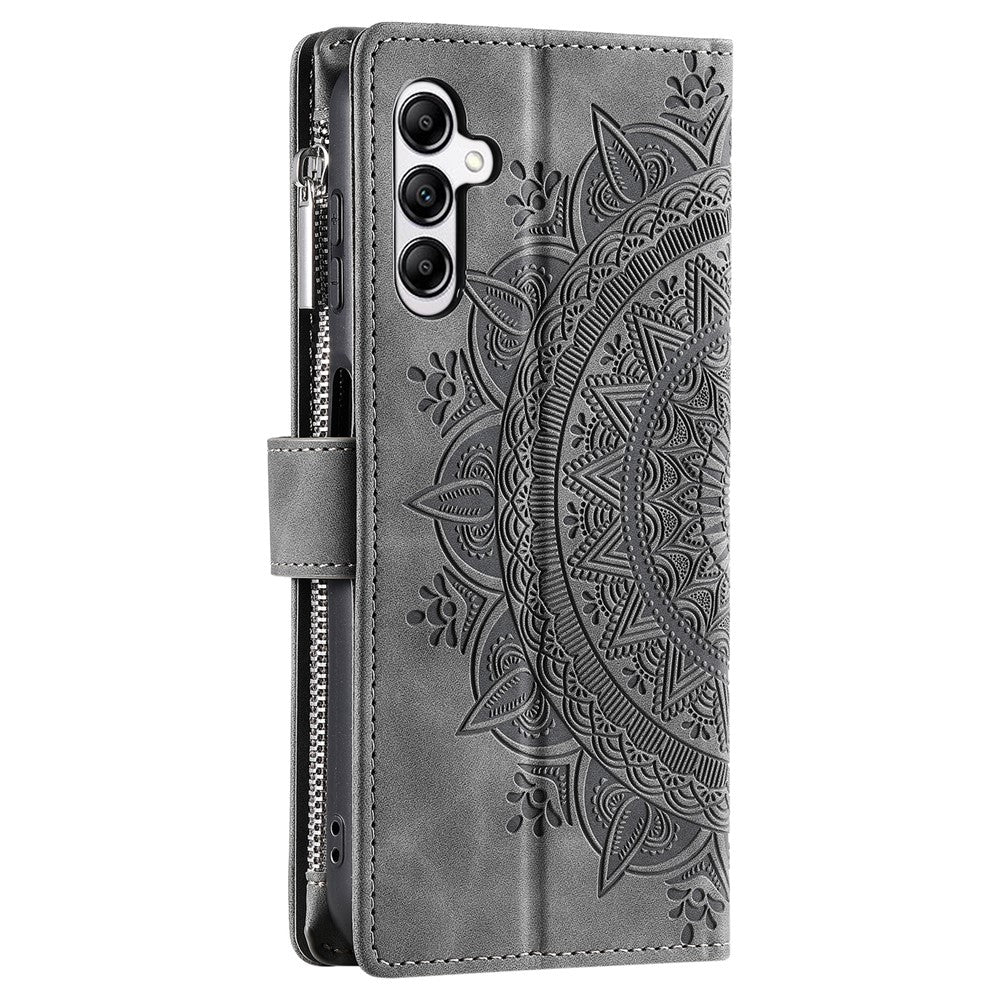 For Samsung Galaxy A57 5G Wallet Case Mandala Flower Pattern PU Leather Phone Cover with Wrist Strap - Grey