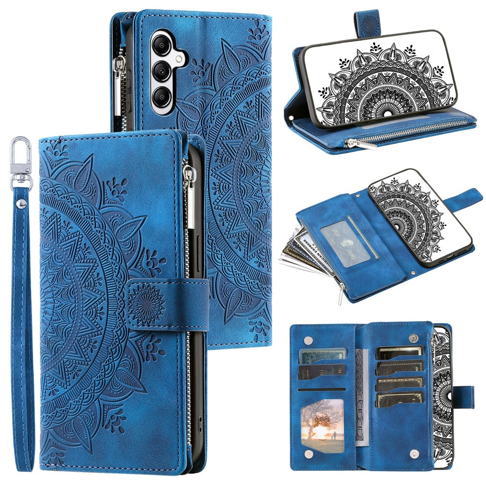 For Samsung Galaxy A57 5G Wallet Case Mandala Flower Pattern PU Leather Phone Cover with Wrist Strap - Blue