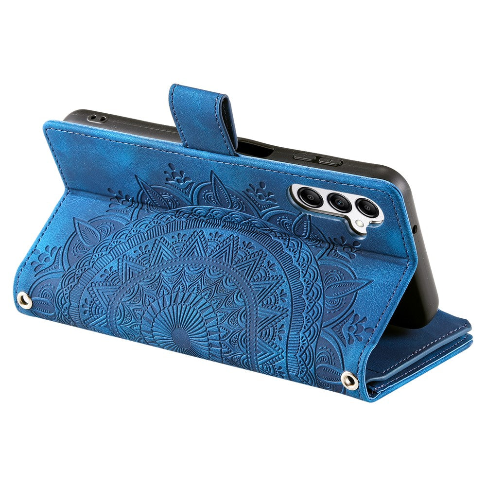 For Samsung Galaxy A57 5G Wallet Case Mandala Flower Pattern PU Leather Phone Cover with Wrist Strap - Blue