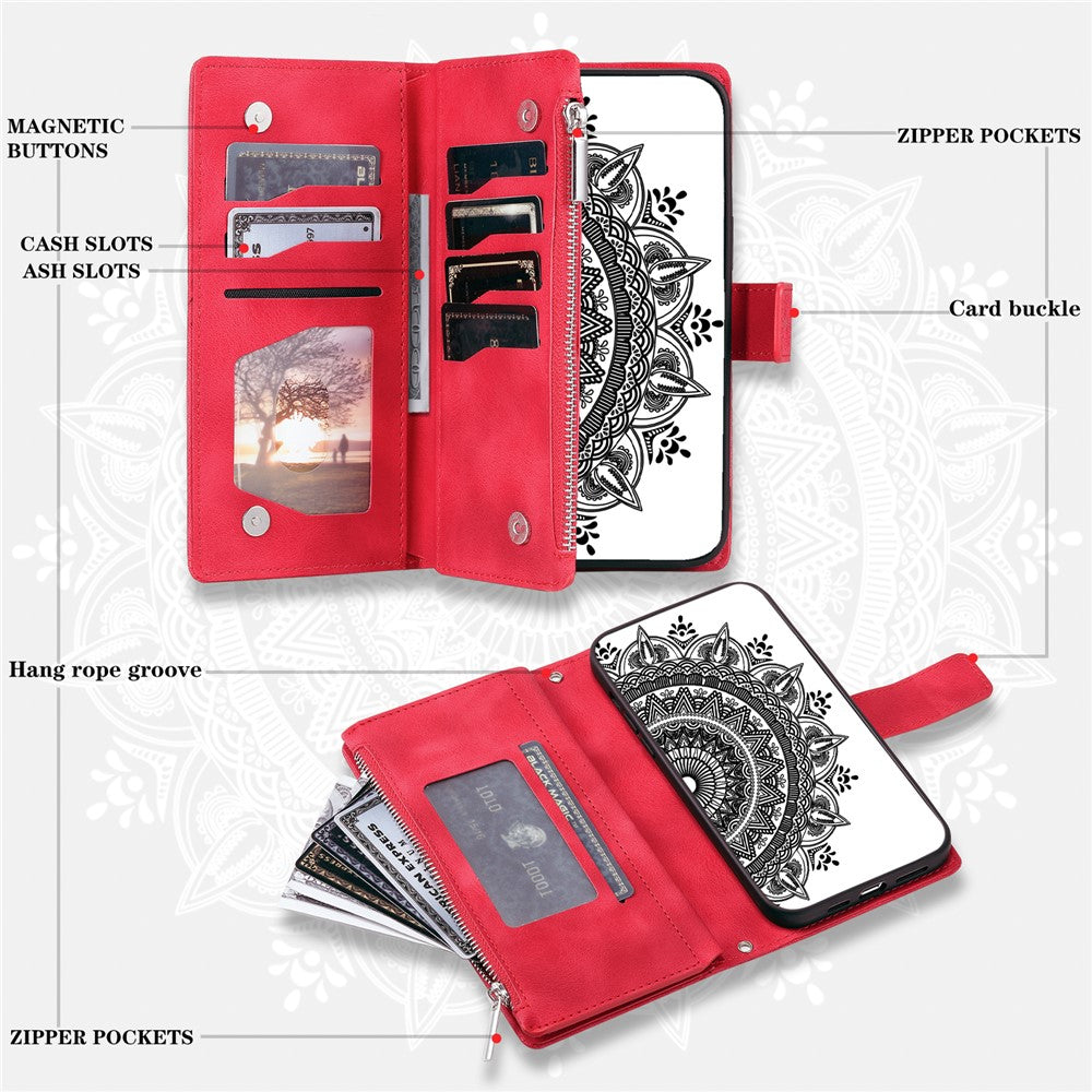 For Samsung Galaxy A57 5G Wallet Case Mandala Flower Pattern PU Leather Phone Cover with Wrist Strap - Rose