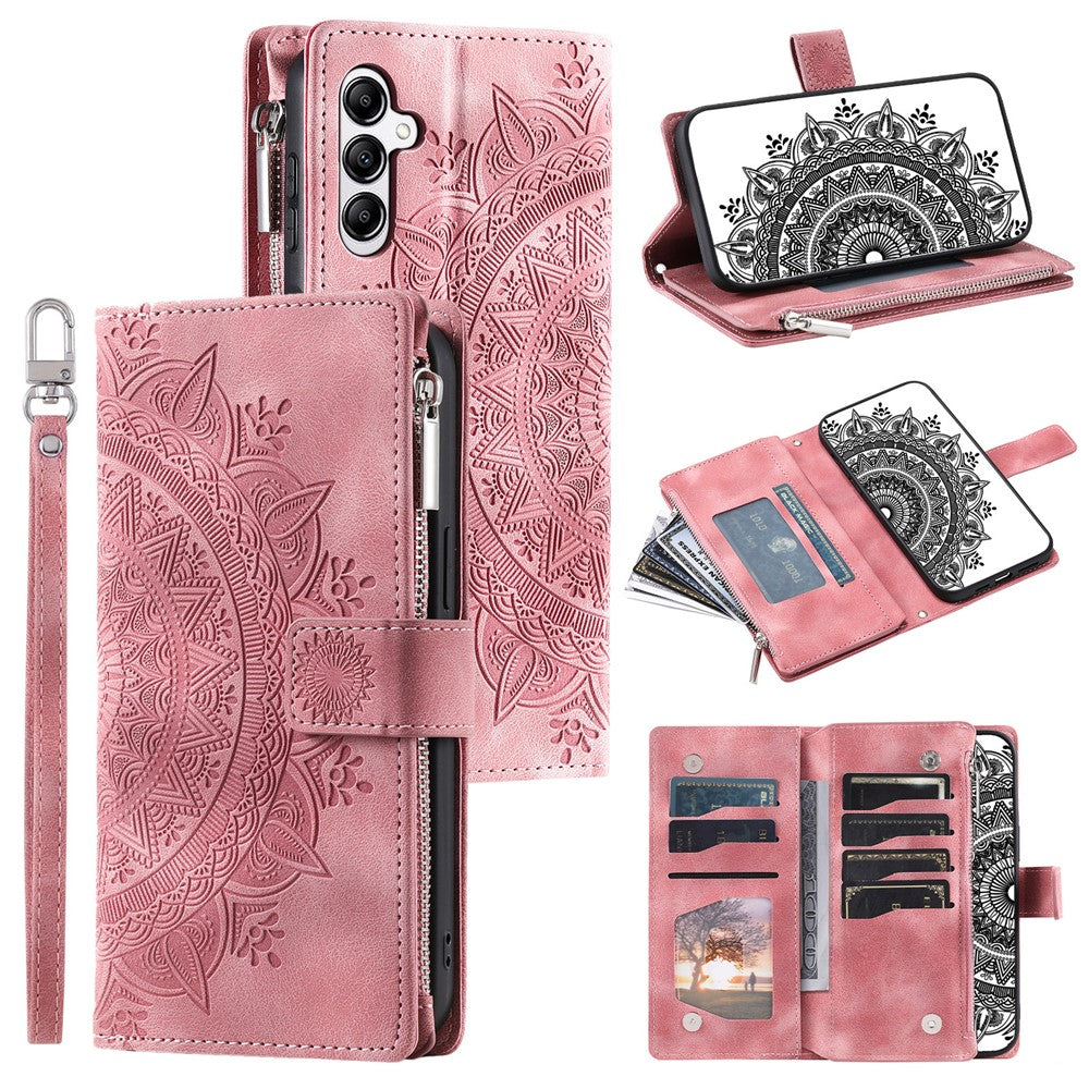 For Samsung Galaxy A57 5G Wallet Case Mandala Flower Pattern PU Leather Phone Cover with Wrist Strap - Rose Gold