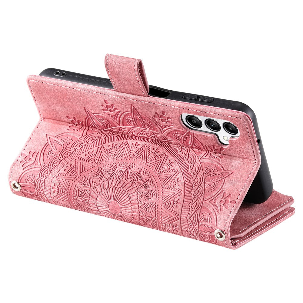 For Samsung Galaxy A57 5G Wallet Case Mandala Flower Pattern PU Leather Phone Cover with Wrist Strap - Rose Gold