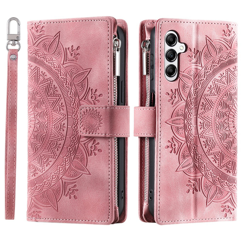 For Samsung Galaxy A57 5G Wallet Case Mandala Flower Pattern PU Leather Phone Cover with Wrist Strap - Rose Gold