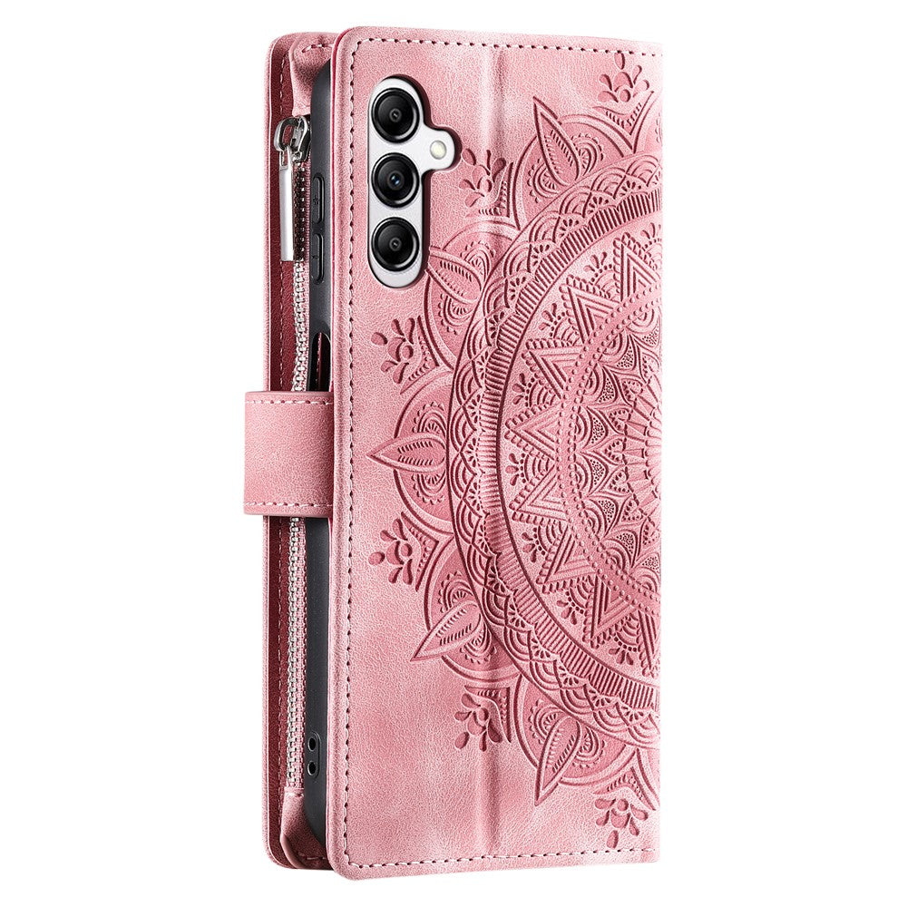 For Samsung Galaxy A57 5G Wallet Case Mandala Flower Pattern PU Leather Phone Cover with Wrist Strap - Rose Gold