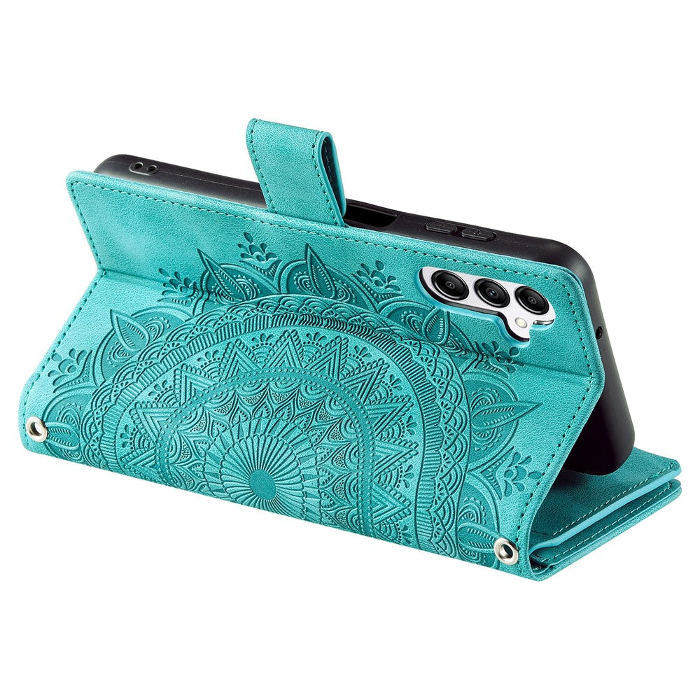 For Samsung Galaxy A57 5G Wallet Case Mandala Flower Pattern PU Leather Phone Cover with Wrist Strap - Mint Green