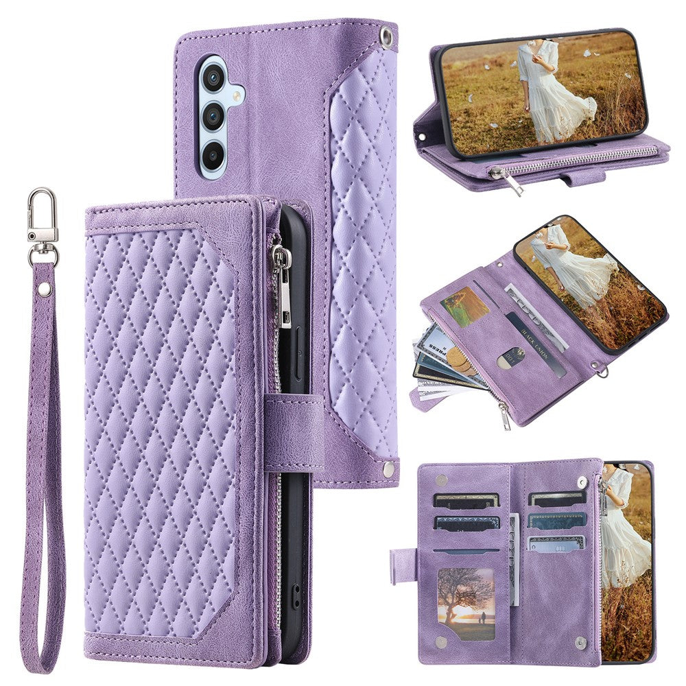 For Samsung Galaxy A57 5G Wallet Case Rhombus Stitching Line PU Leather Phone Cover with Wrist Strap - Purple
