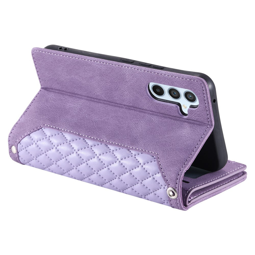For Samsung Galaxy A57 5G Wallet Case Rhombus Stitching Line PU Leather Phone Cover with Wrist Strap - Purple
