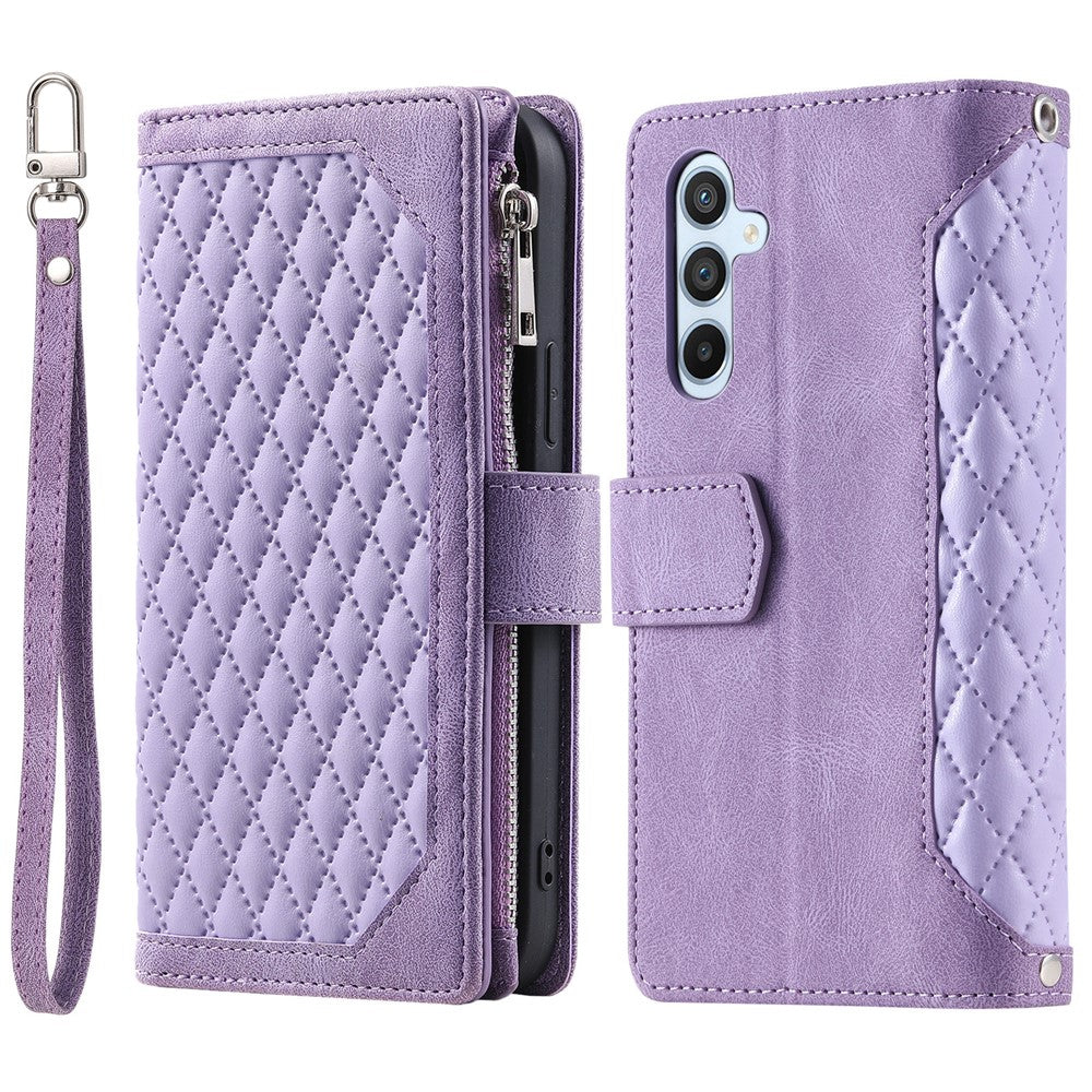 For Samsung Galaxy A57 5G Wallet Case Rhombus Stitching Line PU Leather Phone Cover with Wrist Strap - Purple