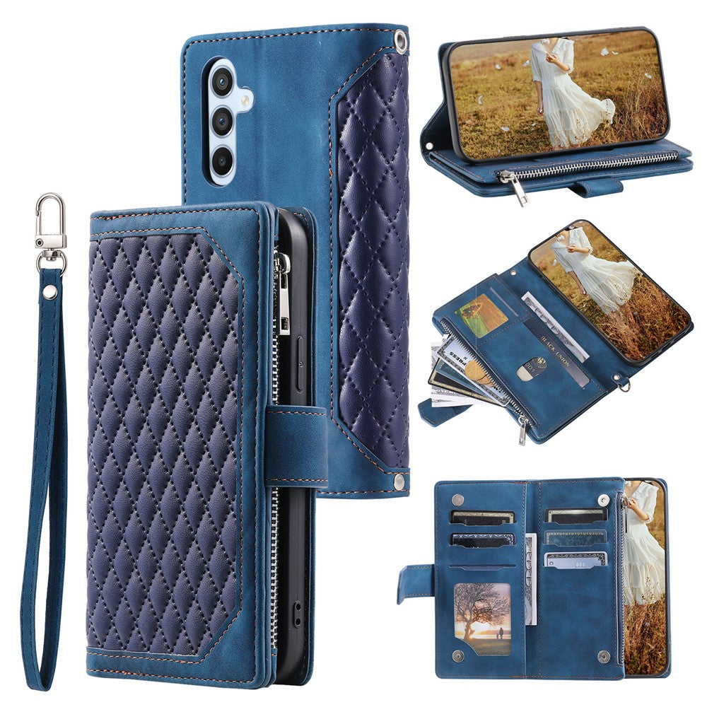 For Samsung Galaxy A57 5G Wallet Case Rhombus Stitching Line PU Leather Phone Cover with Wrist Strap - Blue