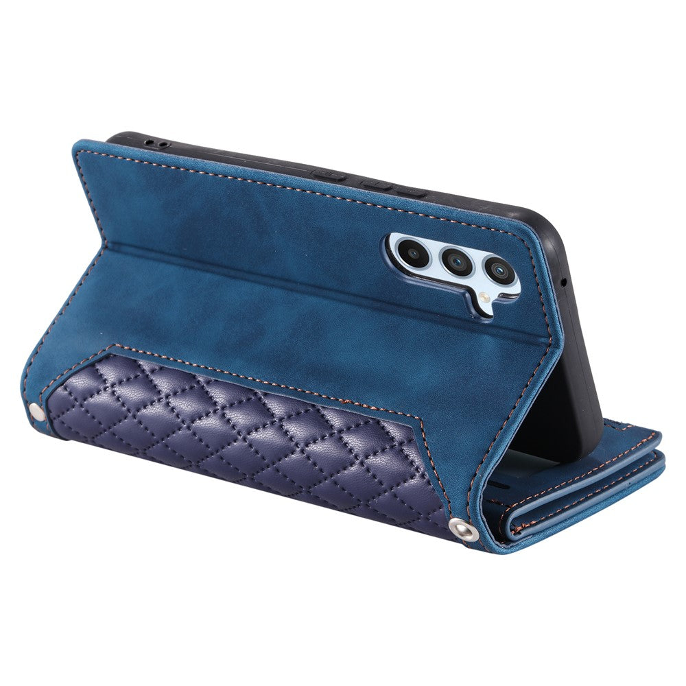 For Samsung Galaxy A57 5G Wallet Case Rhombus Stitching Line PU Leather Phone Cover with Wrist Strap - Blue