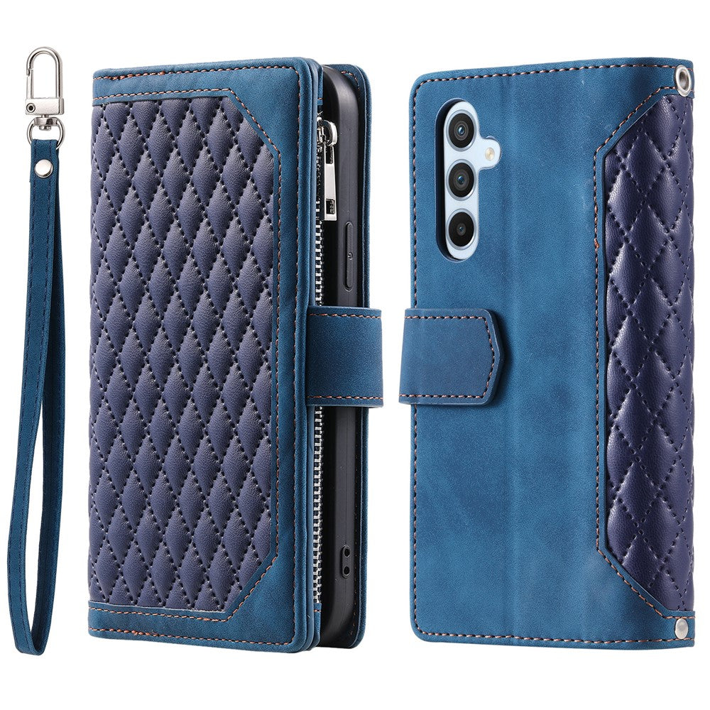 For Samsung Galaxy A57 5G Wallet Case Rhombus Stitching Line PU Leather Phone Cover with Wrist Strap - Blue