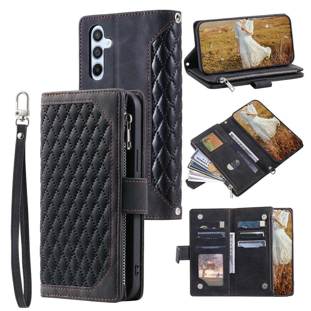 For Samsung Galaxy A57 5G Wallet Case Rhombus Stitching Line PU Leather Phone Cover with Wrist Strap - Black