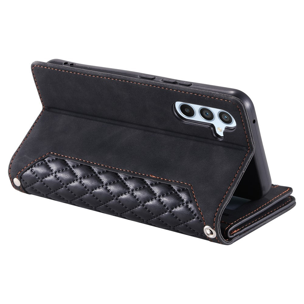 For Samsung Galaxy A57 5G Wallet Case Rhombus Stitching Line PU Leather Phone Cover with Wrist Strap - Black