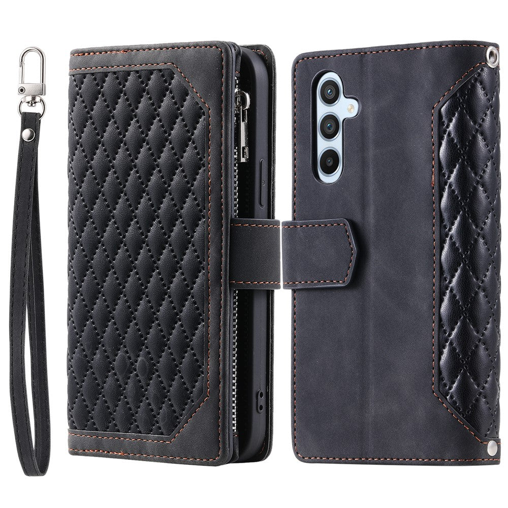 For Samsung Galaxy A57 5G Wallet Case Rhombus Stitching Line PU Leather Phone Cover with Wrist Strap - Black