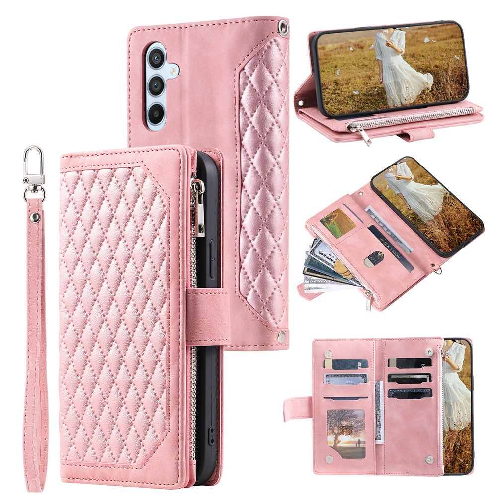 For Samsung Galaxy A57 5G Wallet Case Rhombus Stitching Line PU Leather Phone Cover with Wrist Strap - Rose Gold