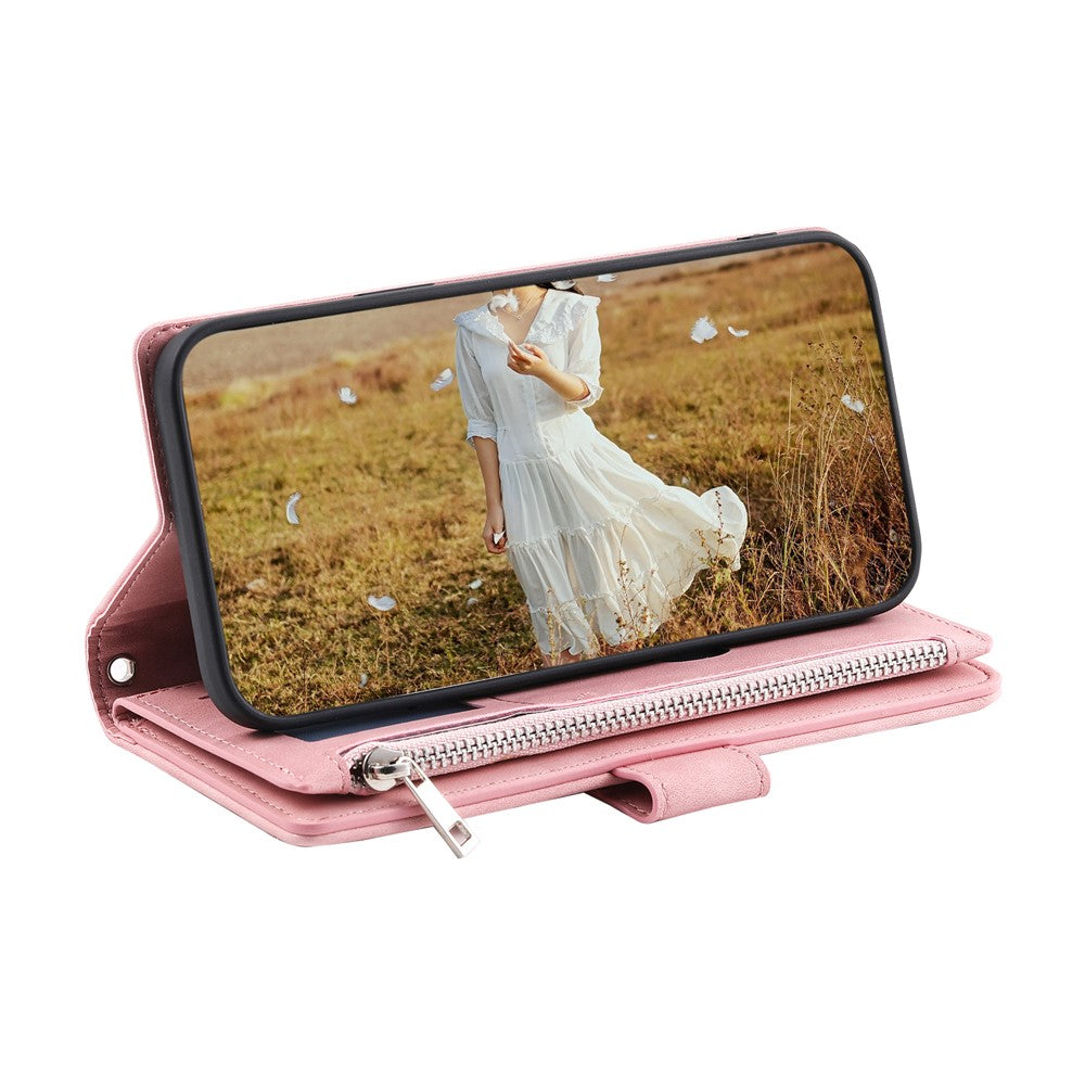 For Samsung Galaxy A57 5G Wallet Case Rhombus Stitching Line PU Leather Phone Cover with Wrist Strap - Rose Gold