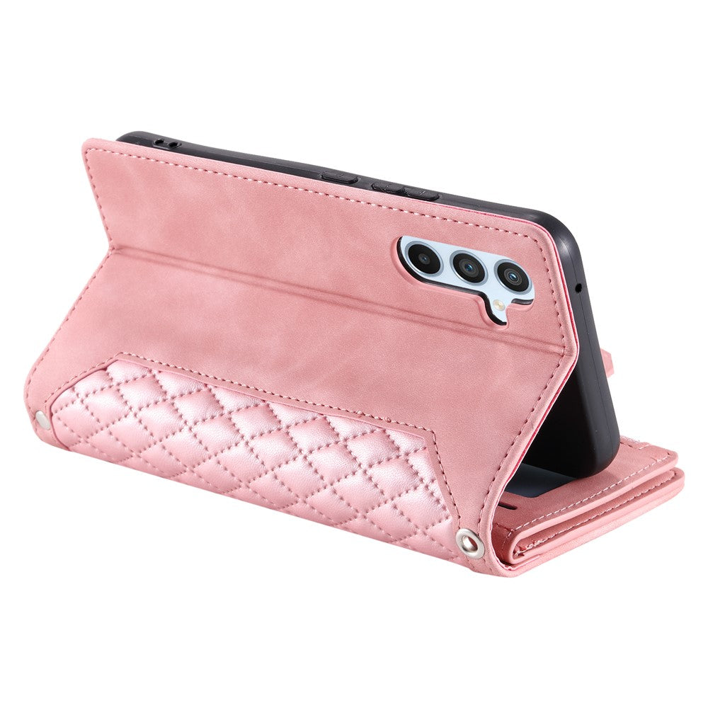 For Samsung Galaxy A57 5G Wallet Case Rhombus Stitching Line PU Leather Phone Cover with Wrist Strap - Rose Gold