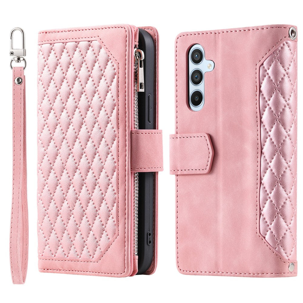 For Samsung Galaxy A57 5G Wallet Case Rhombus Stitching Line PU Leather Phone Cover with Wrist Strap - Rose Gold