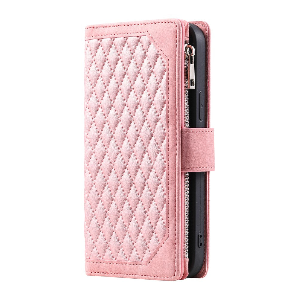 For Samsung Galaxy A57 5G Wallet Case Rhombus Stitching Line PU Leather Phone Cover with Wrist Strap - Rose Gold