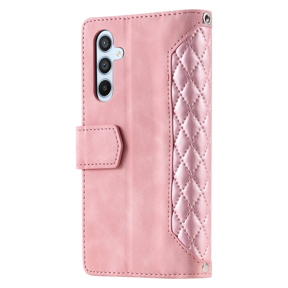For Samsung Galaxy A57 5G Wallet Case Rhombus Stitching Line PU Leather Phone Cover with Wrist Strap - Rose Gold