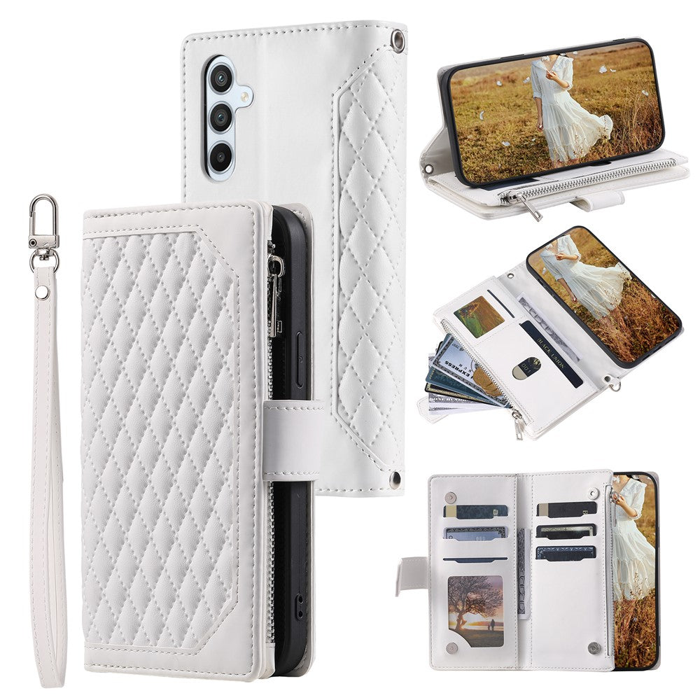 For Samsung Galaxy A57 5G Wallet Case Rhombus Stitching Line PU Leather Phone Cover with Wrist Strap - White