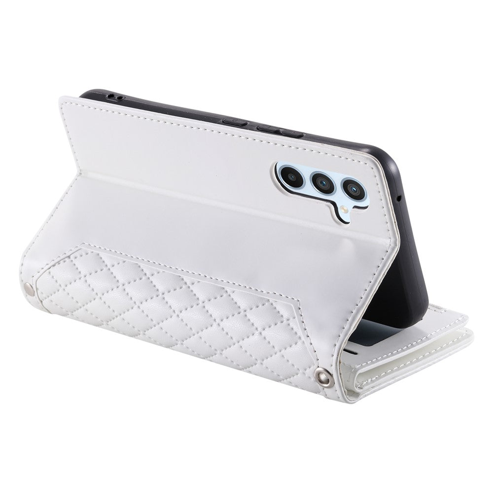 For Samsung Galaxy A57 5G Wallet Case Rhombus Stitching Line PU Leather Phone Cover with Wrist Strap - White